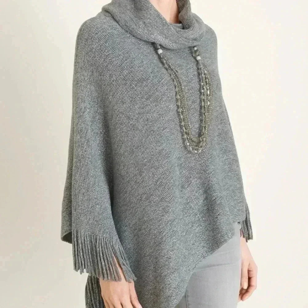 Chico’s Metallic Shine Fringe High-Neck Poncho